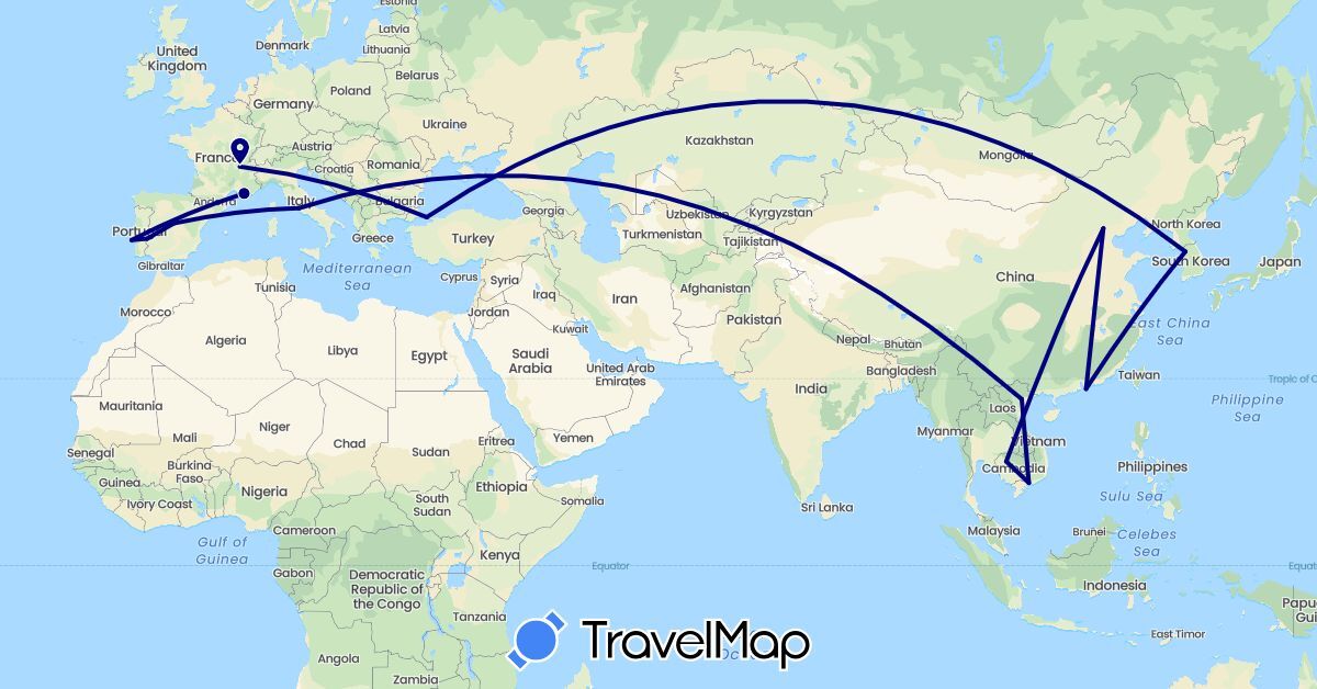 TravelMap itinerary: driving in China, Spain, France, Italy, Cambodia, South Korea, Portugal, Turkey, Vietnam (Asia, Europe)